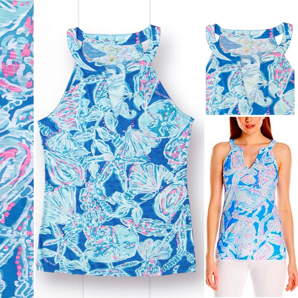 Lilly Pulitzer Arya Tank Tunic Top 100% Cotton Bay Blue Into The Deep V-…